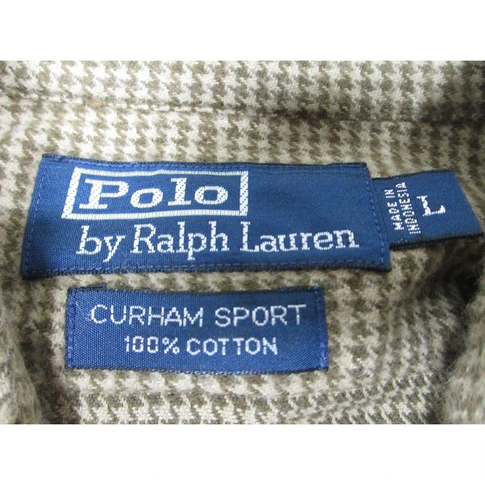 Polo Ralph Lauren Shirt Mens Large Brown Curham Sport Houndstooth Cotton‎ Casual